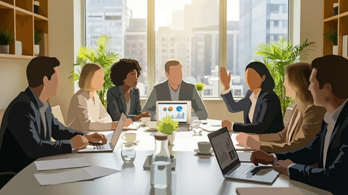 A leadership team reviewing performance figures around a conference table